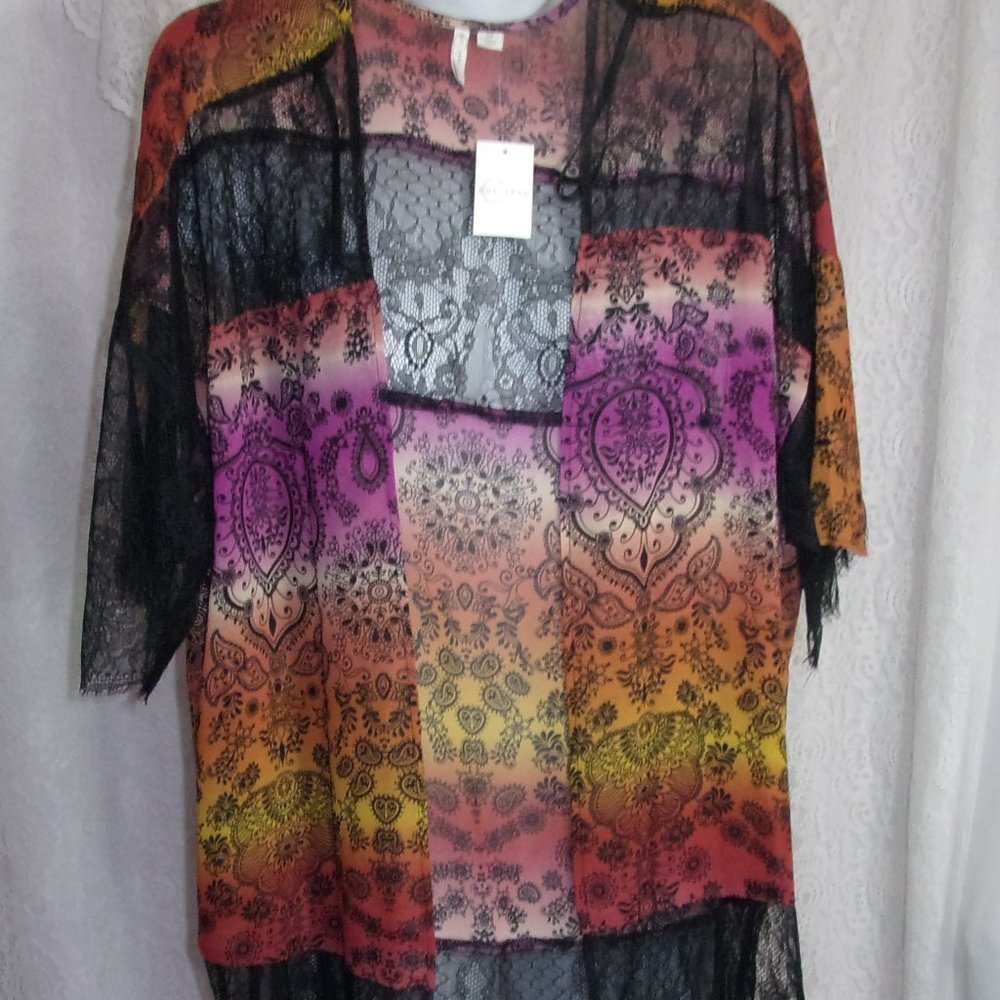 Kimono/,Beach Cover up with Black Lace NWT